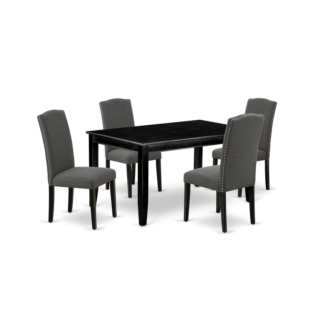 Juego de comedor de 5 piezas East West Furniture DUEN5-BLK-20. Incluye una mesa de comedor rectangular y 4 sillas tapizadas en tela de lino Gotham oscuro.