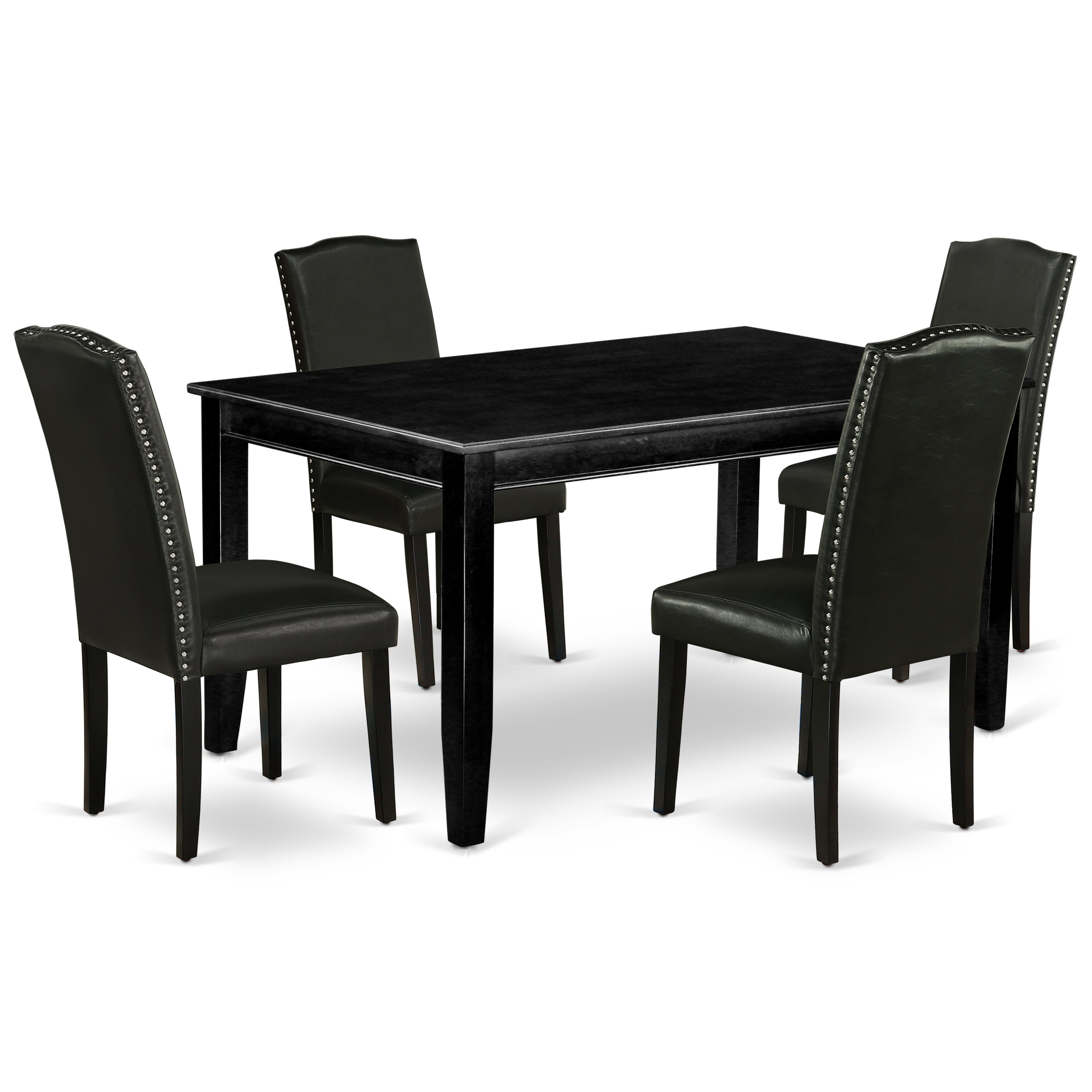 El juego de mesa de comedor de 5 piezas DUEN5-BLK-69 de East West Furniture incluye una mesa de cocina rectangular y 4 sillas de comedor Parsons de cuero sintético negro.