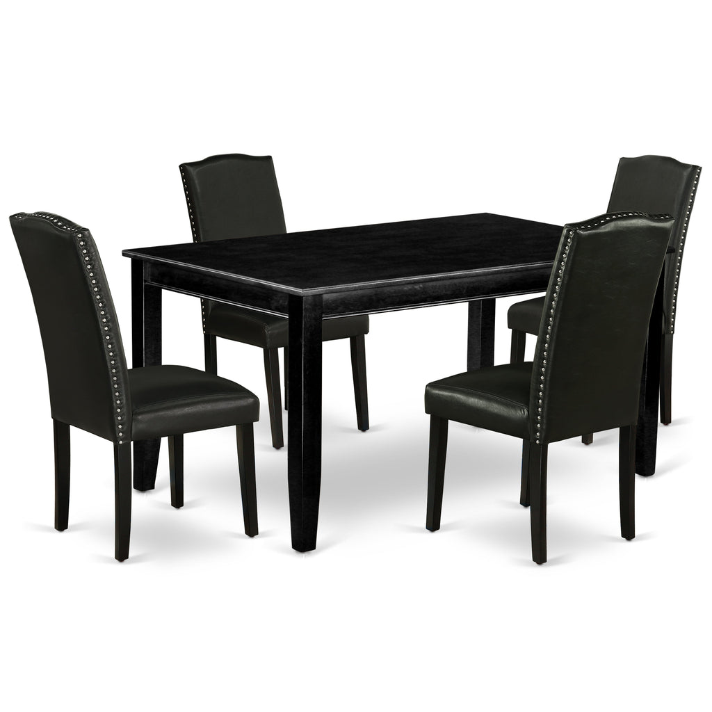 El juego de mesa de comedor de 5 piezas DUEN5-BLK-69 de East West Furniture incluye una mesa de cocina rectangular y 4 sillas de comedor Parsons de cuero sintético negro.