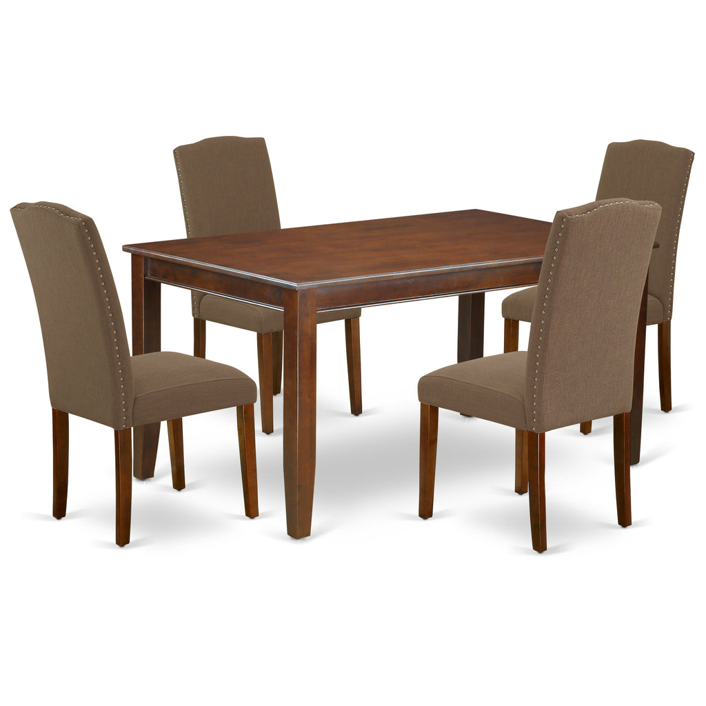 East West Furniture DUEN5-MAH-18 5 Piece Dining Room Furniture Set Includes a Rectangle Dining Table and 4 Dark Coffee Linen Fabric Upholstered Parson Chairs