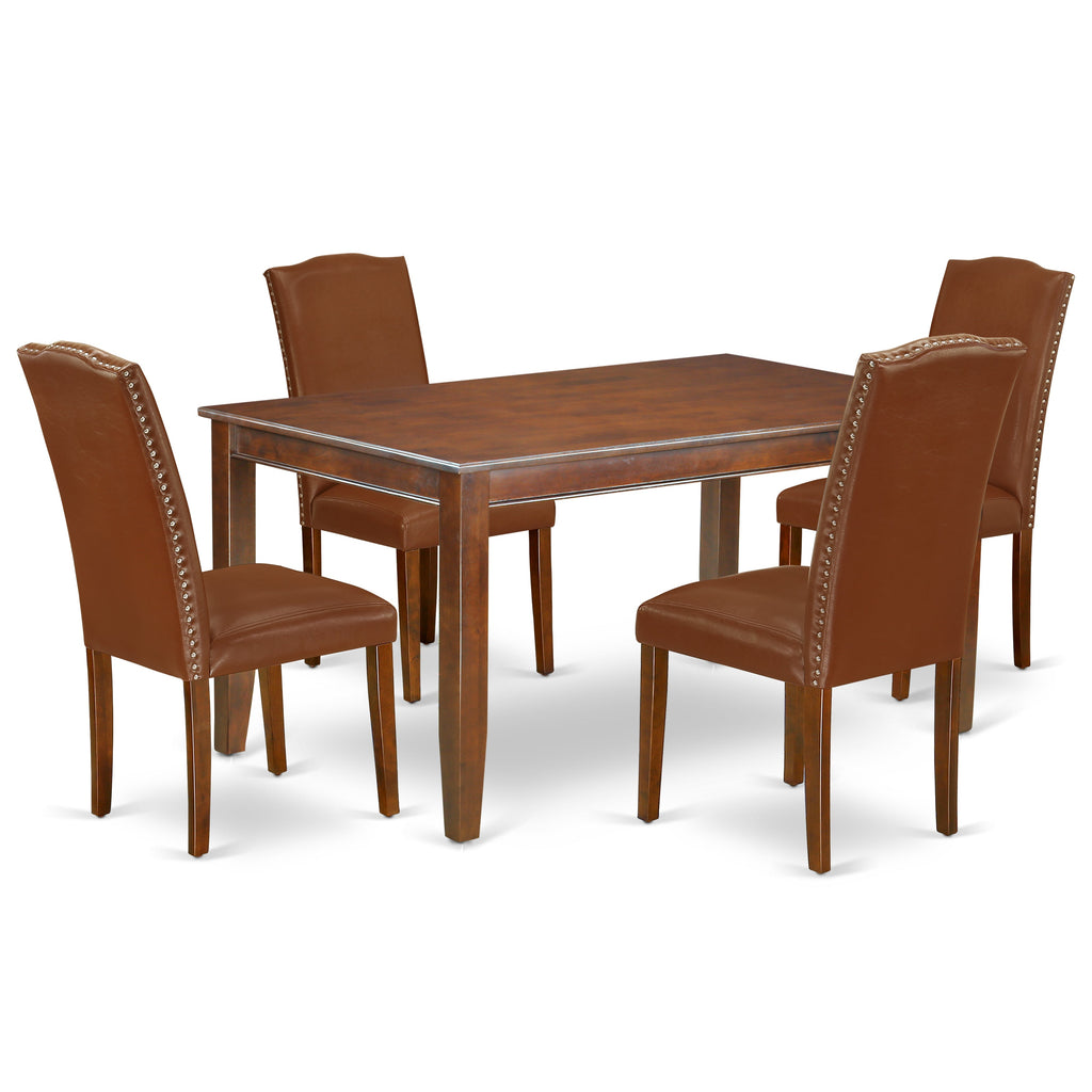 Juego de mesa de comedor de 5 piezas para 4 personas East West Furniture DUEN5-MAH-66. Incluye una mesa de cocina rectangular y 4 sillas de comedor Parson de piel sintética marrón.