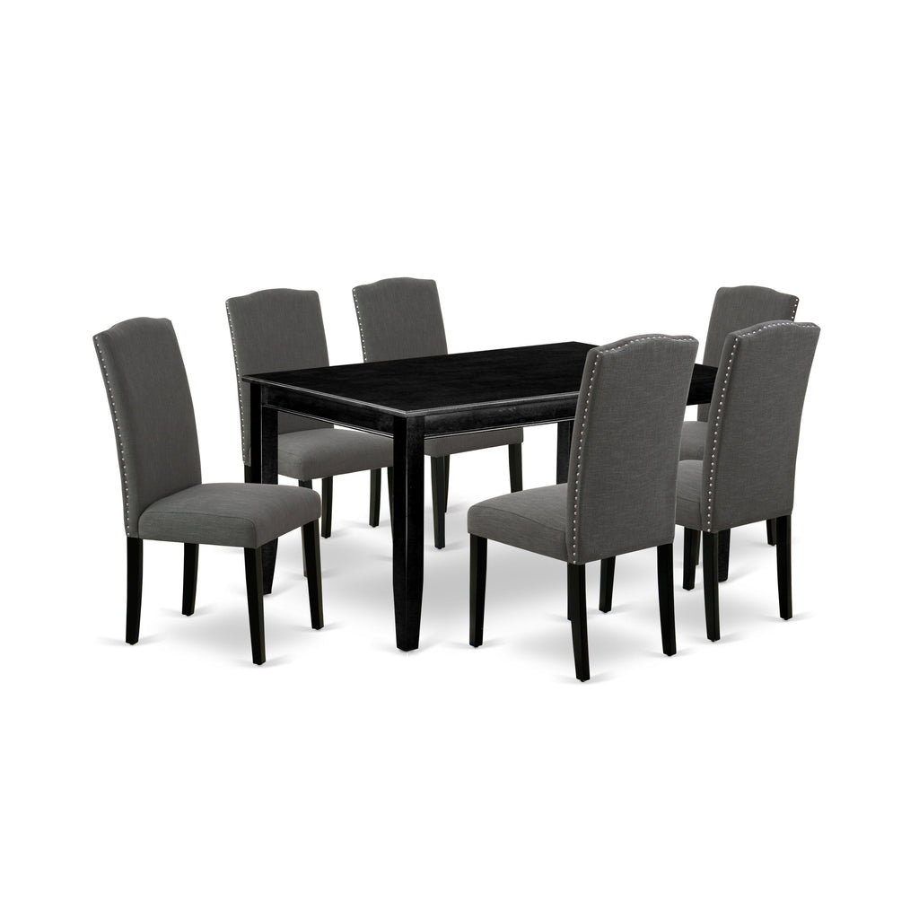 East West Furniture DUEN7-BLK-20 7 Piece Modern Dining Table Set Consist of a Rectangle Wooden Table and 6 Dark Gotham Linen Fabric Upholstered Chairs
