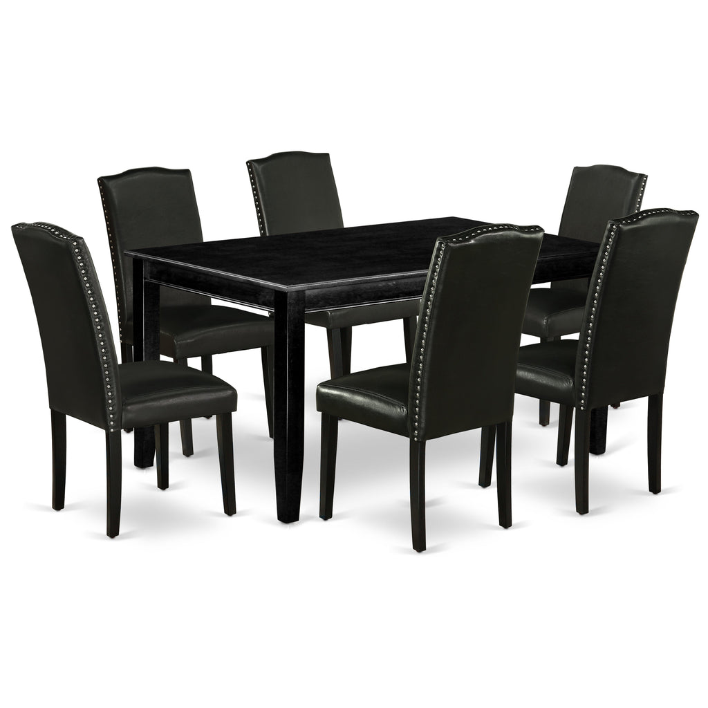 Juego de mesa de comedor de 7 piezas DUEN7-BLK-69 de East West Furniture. Consta de una mesa de cocina rectangular y 6 sillas de comedor Parson de piel sintética negra.