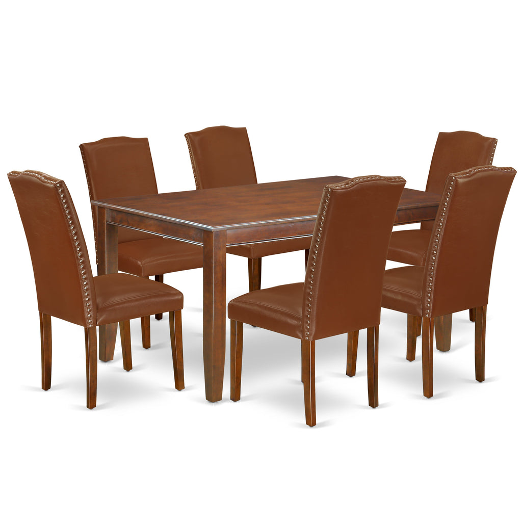 Juego de mesa de cocina de 7 piezas DUEN7-MAH-66 de East West Furniture: mesa de comedor rectangular y 6 sillas de comedor Parson de piel sintética marrón.