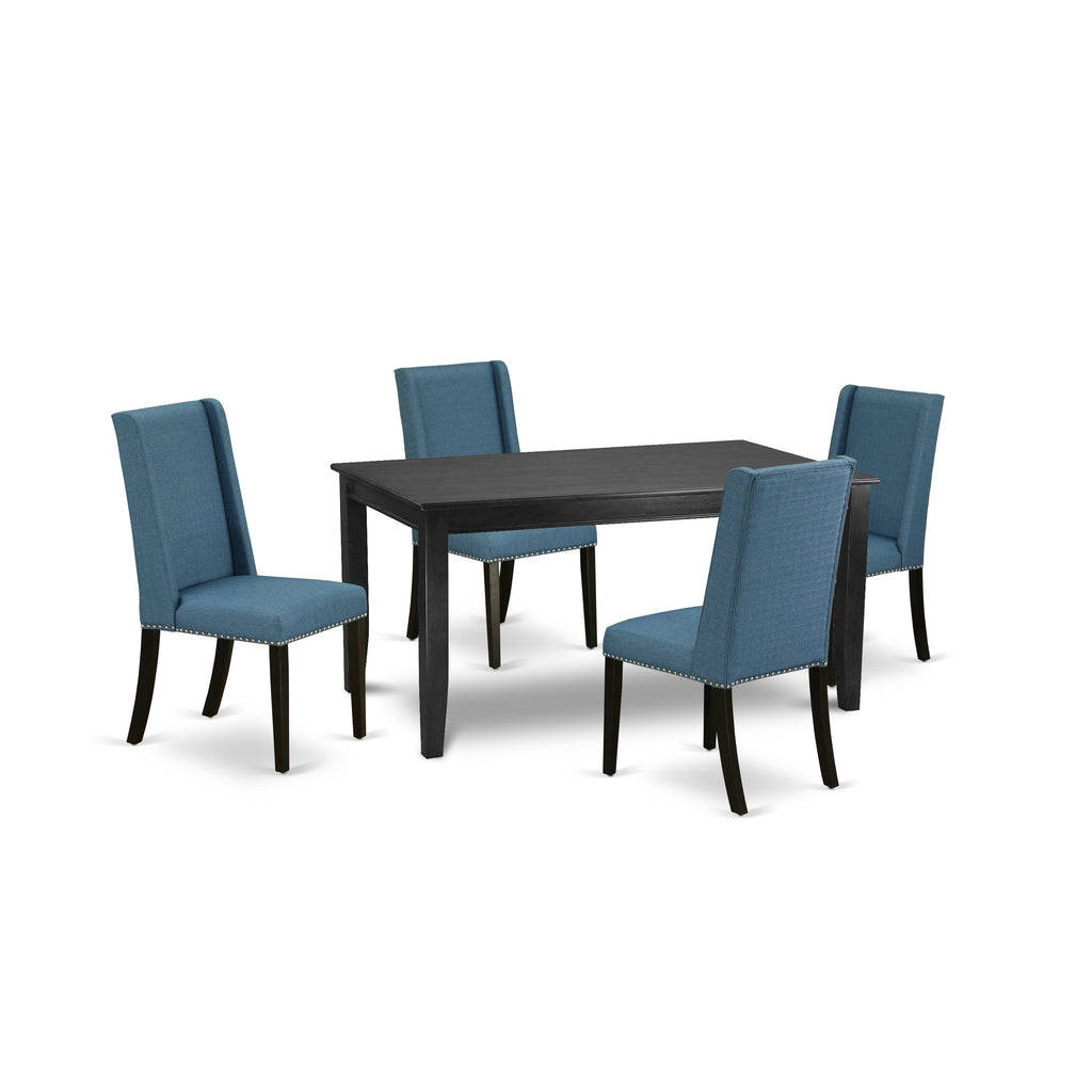 El juego de mesa y sillas de cocina de 5 piezas DUFL5-BLK-21 de East West Furniture incluye una mesa de comedor rectangular y 4 sillas de comedor Parsons de tela de lino azul.