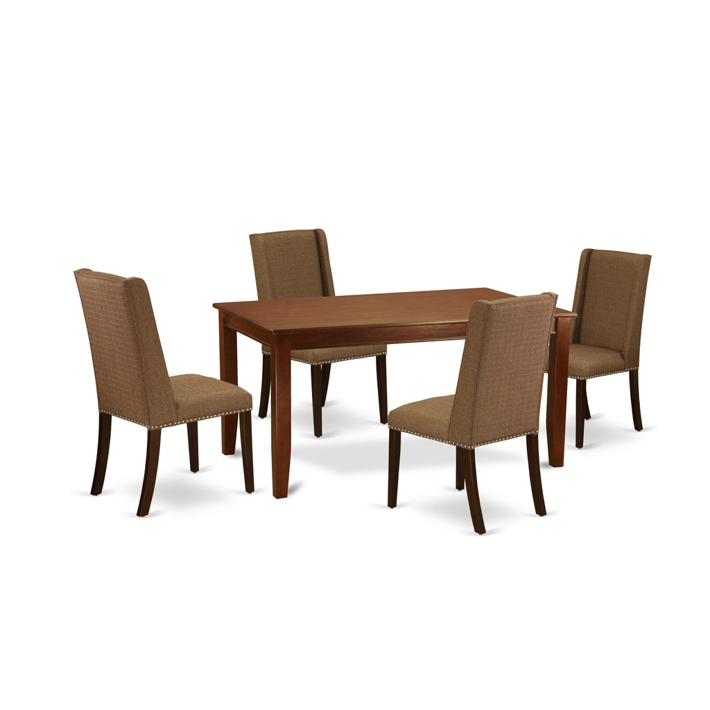 Juego de comedor de 5 piezas East West Furniture DUFL5-MAH-18. Incluye una mesa de comedor rectangular y 4 sillas Parson tapizadas en tela de lino marrón.