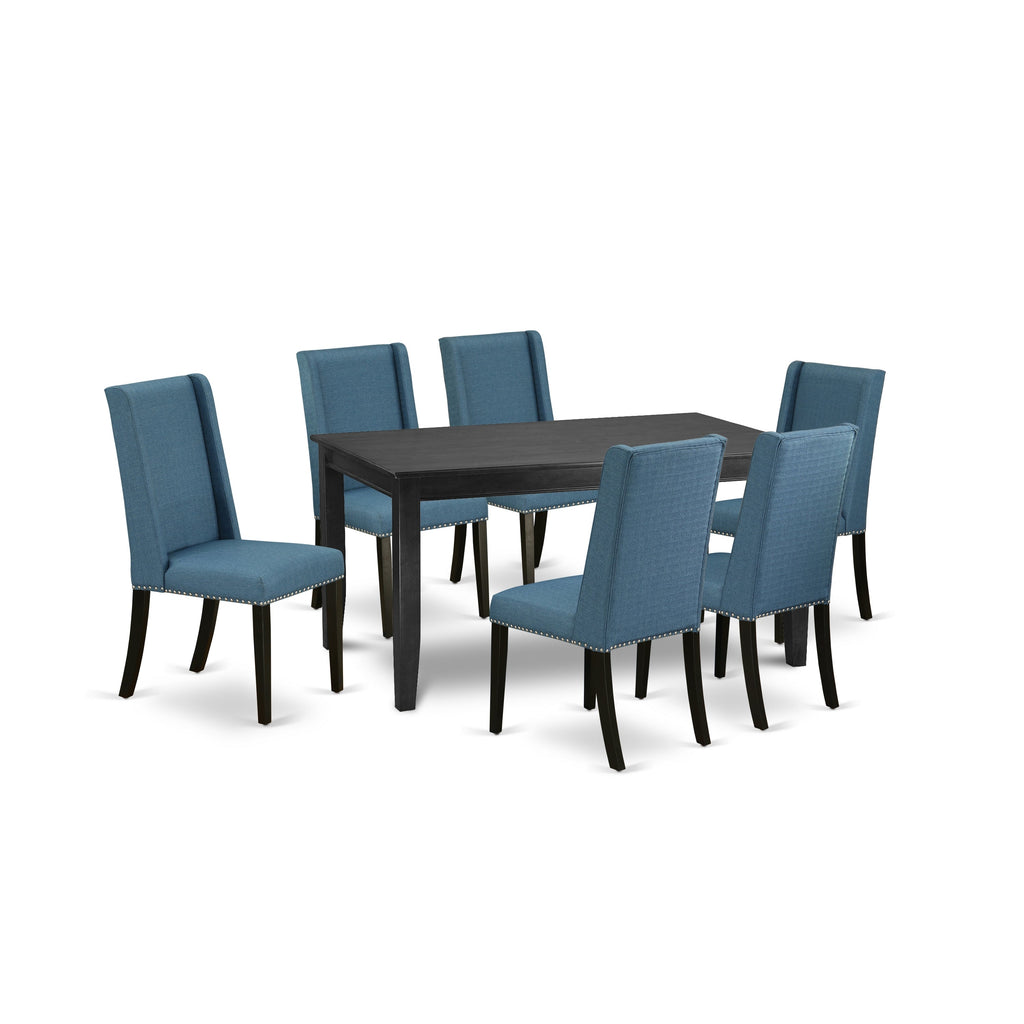 Juego de mesa de cocina de 7 piezas DUFL7-BLK-21 de East West Furniture. Incluye una mesa de comedor rectangular y 6 sillas de comedor Parsons de tela de lino azul.