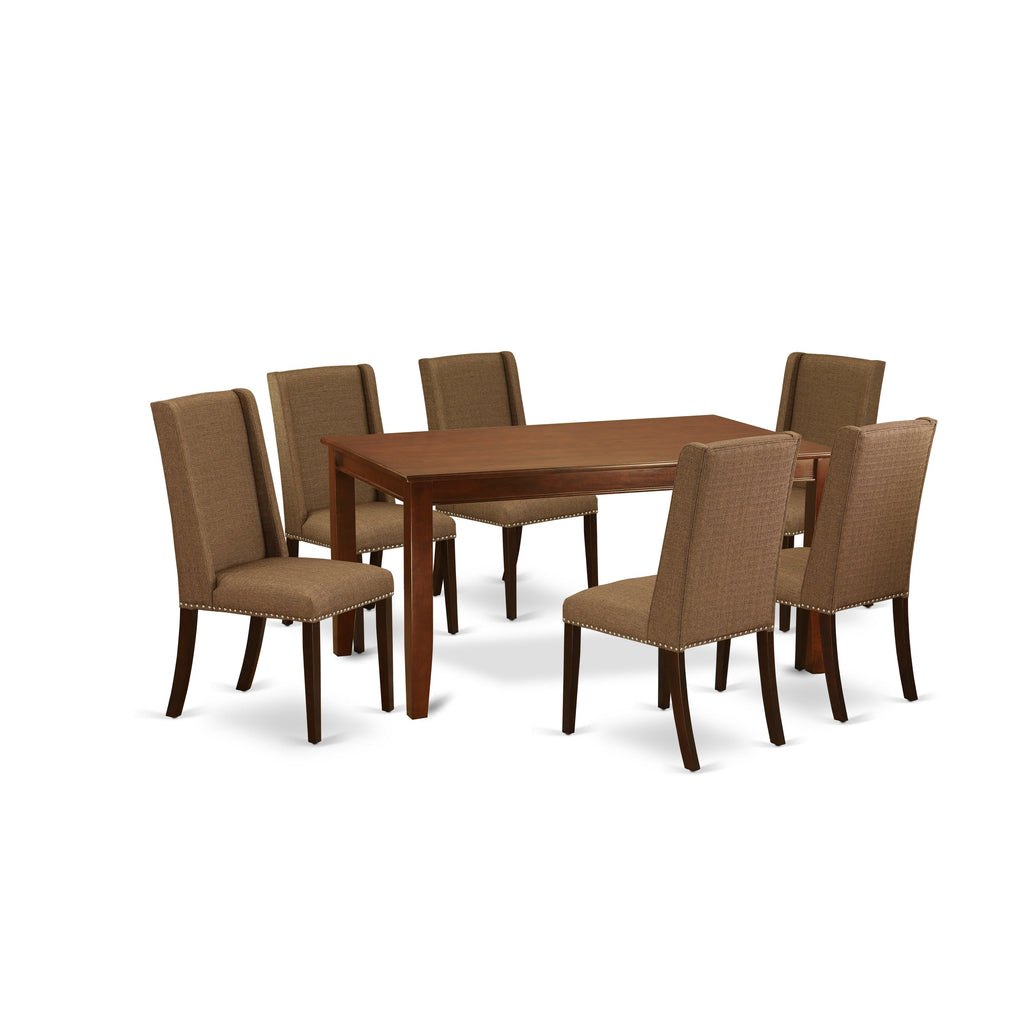 Juego de comedor de 7 piezas DUFL7-MAH-18 de East West Furniture: mesa de comedor rectangular y 6 sillas Parson tapizadas en tela de lino marrón.