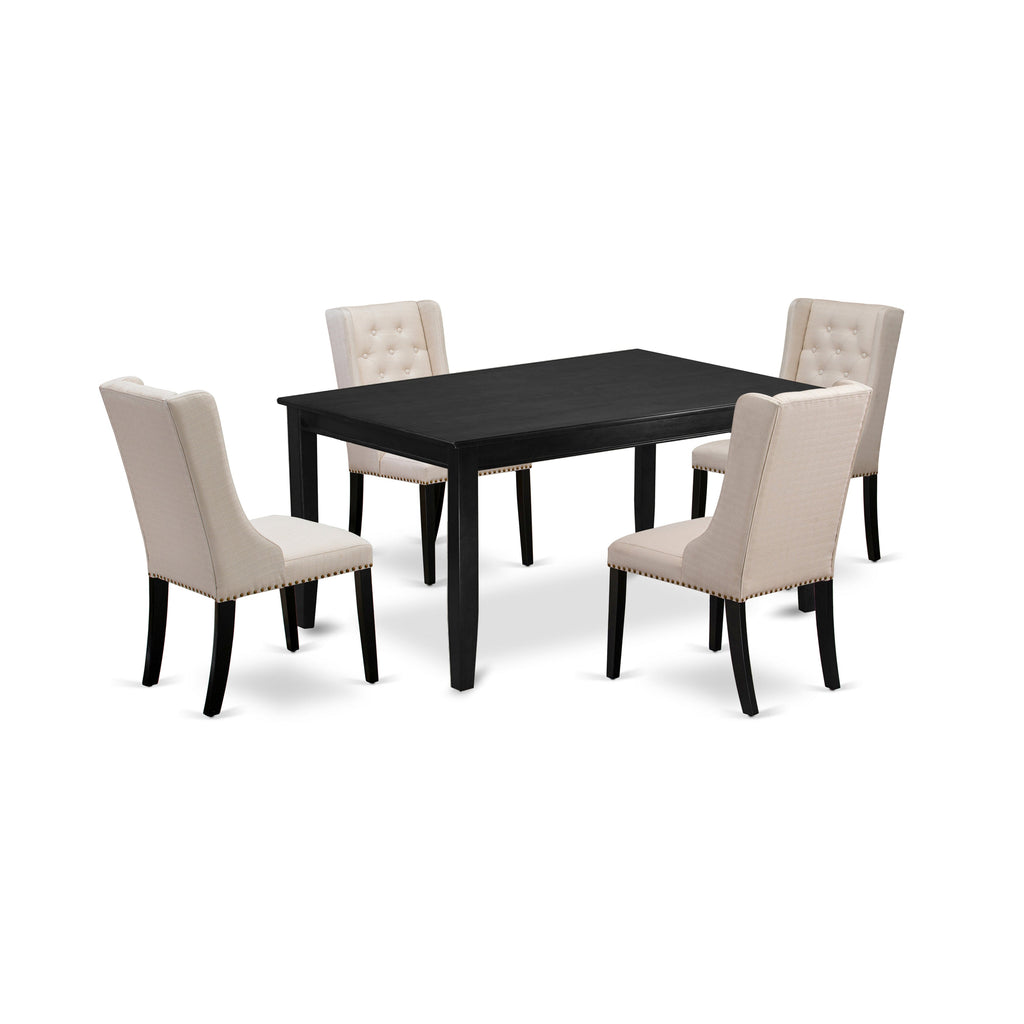 Juego de mesa de comedor de 5 piezas para 4 personas East West Furniture DUFO5-BLK-01. Incluye una mesa de cocina rectangular y 4 sillas de comedor Parson de tela de lino color crema.