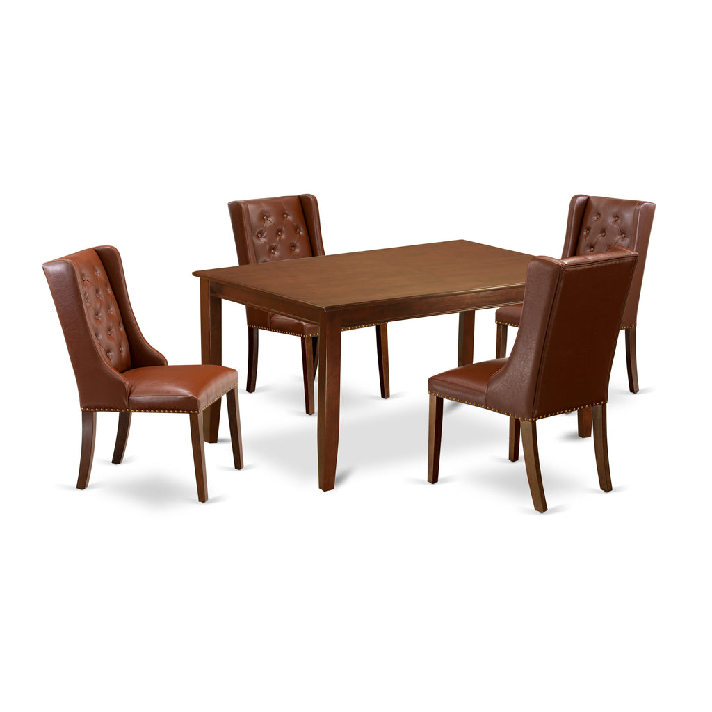 El juego de mesa de comedor de 5 piezas DUFO5-MAH-46 de East West Furniture incluye una mesa de comedor rectangular y 4 sillas Parson tapizadas en piel sintética marrón.