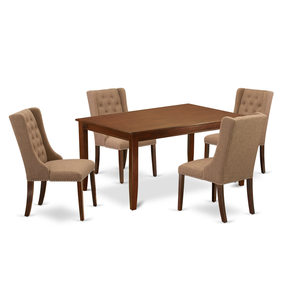 Juego de mesa de comedor moderna de 5 piezas DUFO5-MAH-47 de East West Furniture. Incluye una mesa rectangular de madera y 4 sillas tapizadas en tela de lino color sable claro.