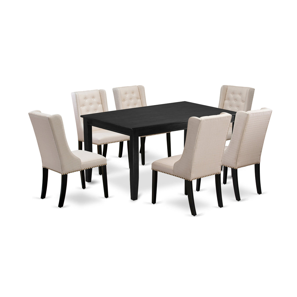 Juego de mesa de comedor de 7 piezas DUFO7-BLK-01 de East West Furniture. Consta de una mesa rectangular de madera y 6 sillas Parson tapizadas en tela de lino color crema.