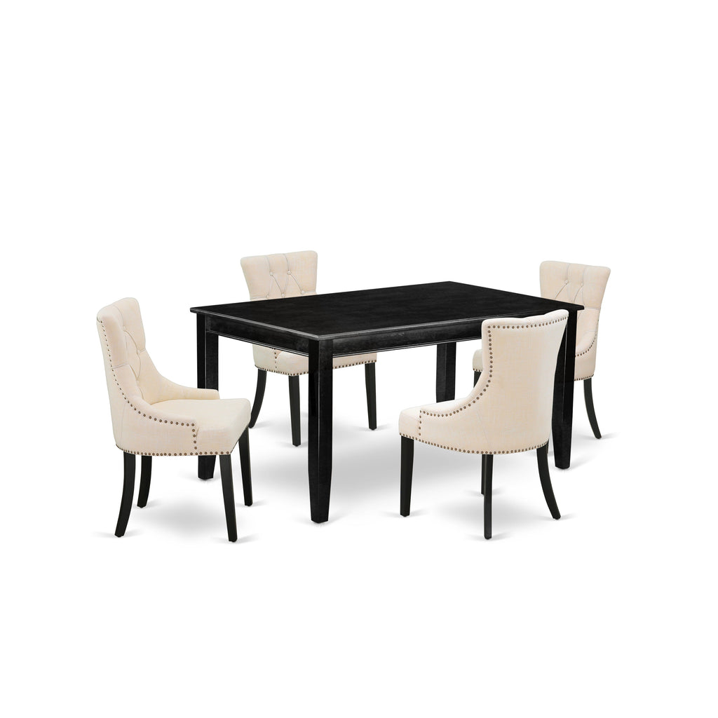 Juego de comedor de 5 piezas DUFR5-BLK-02 de East West Furniture. Incluye una mesa de comedor rectangular y 4 sillas Parson tapizadas en tela de lino beige claro.