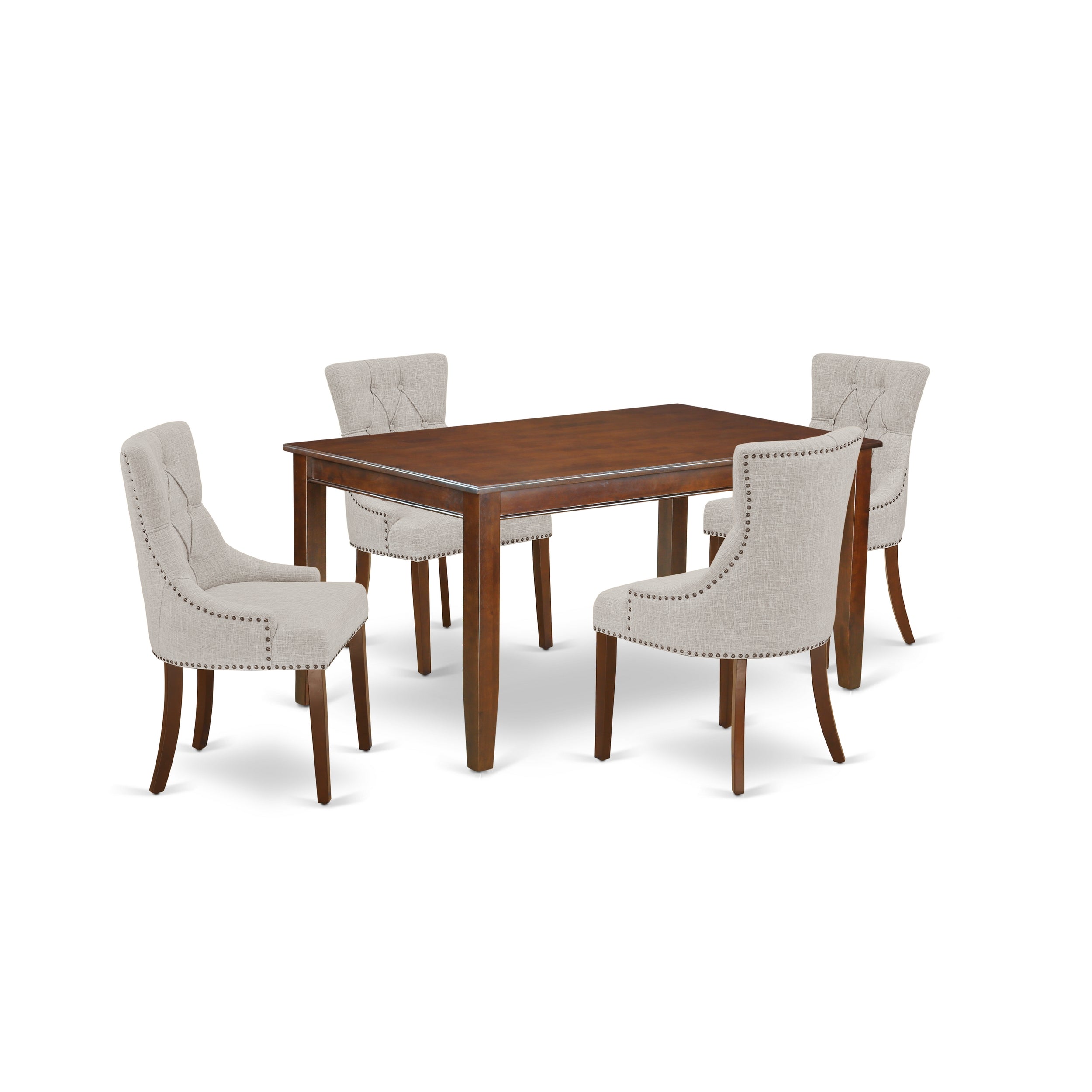 DUFR5-MAH-05 5Pc Dining Set Includes a Rectangle Dining Table and Four Four Parson Chairs with Doeskin Fabric, Mahogany Finish