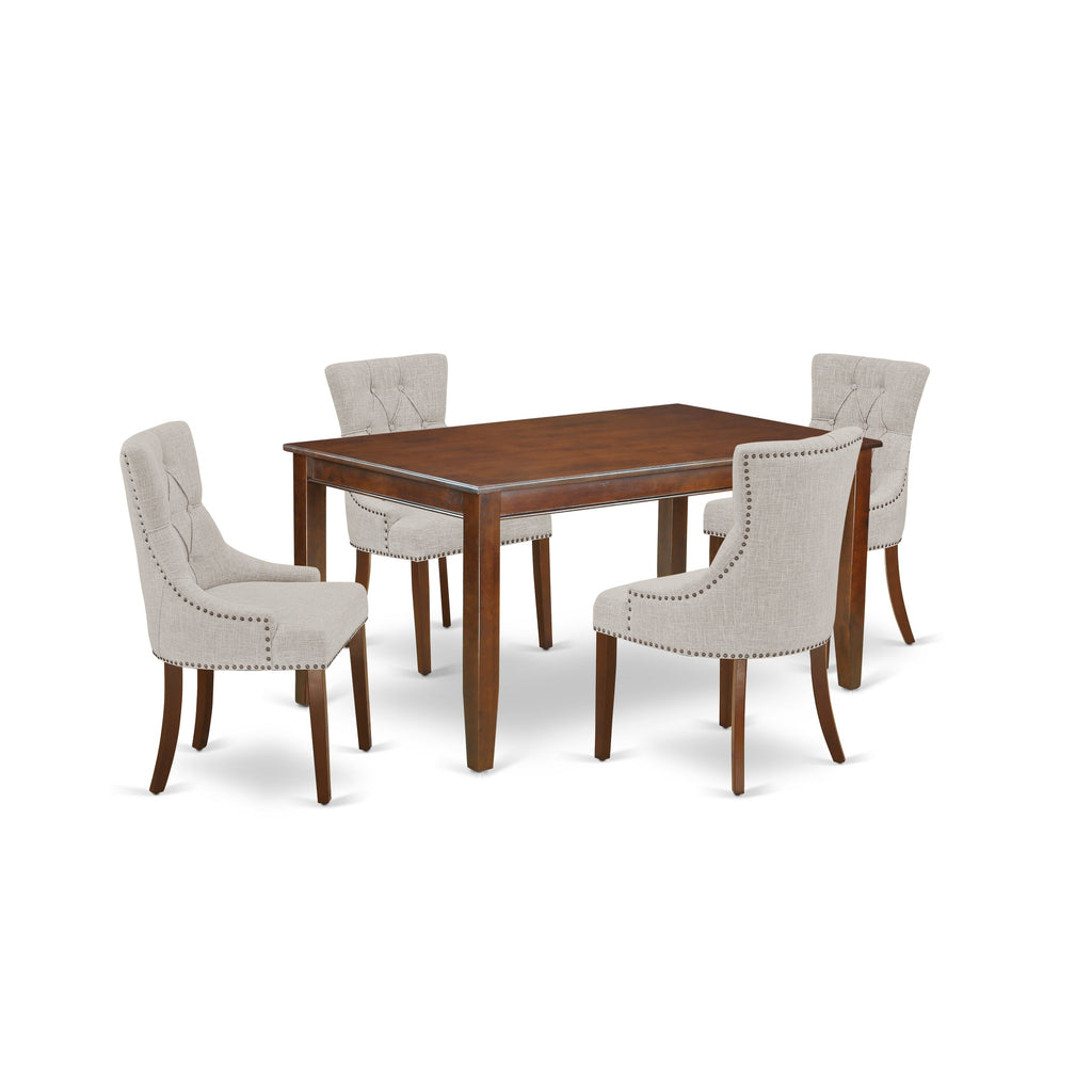 Juego de mesa de cocina de 5 piezas East West Furniture DUFR5-MAH-05 para 4 personas. Incluye una mesa de comedor rectangular y 4 sillas de comedor Parson de tela de lino y piel de venado.