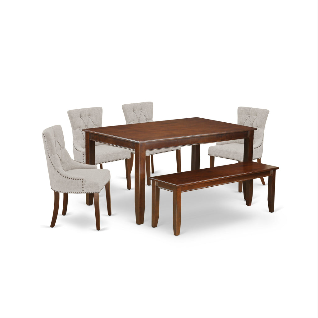 Juego de mesa de comedor de 6 piezas DUFR6-MAH-05 de East West Furniture. Contiene una mesa de comedor rectangular y 4 sillas tapizadas en tela de lino y piel de venado con un banco.