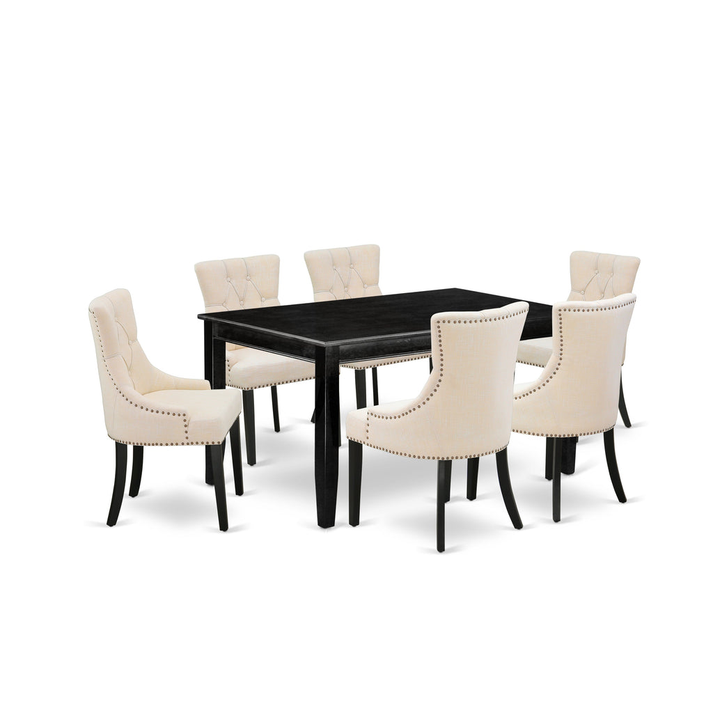 Juego de mesa de comedor de 7 piezas East West Furniture DUFR7-BLK-02 compuesto por una mesa rectangular de madera y 6 sillas Parson tapizadas en tela de lino beige claro.