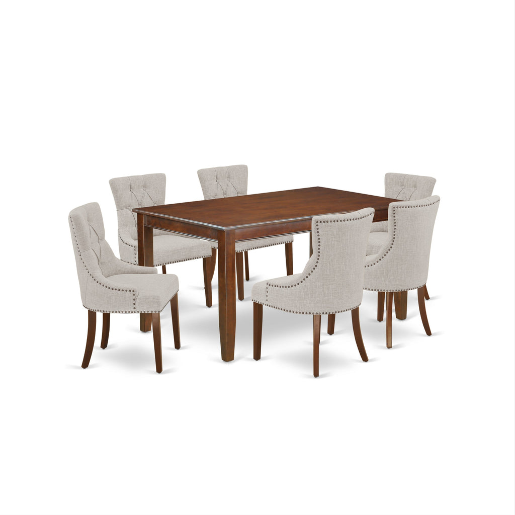 Juego de mesa de cocina de 7 piezas DUFR7-MAH-05 de East West Furniture: mesa de comedor rectangular y 6 sillas de comedor Parson de tela de lino y piel de venado.