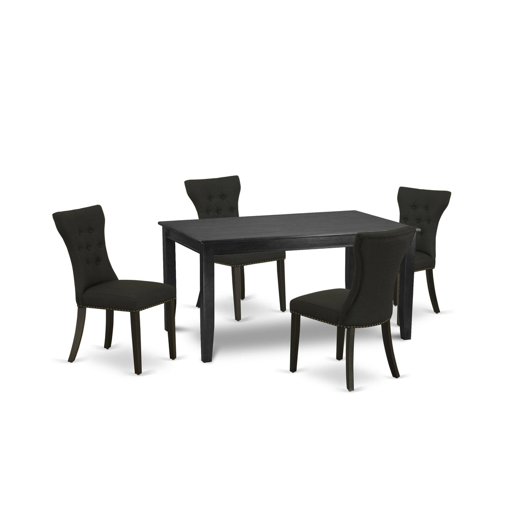 Juego de comedor de 5 piezas East West Furniture DUGA5-BLK-24. Incluye una mesa de comedor rectangular y 4 sillas Parson tapizadas en tela de lino negro.