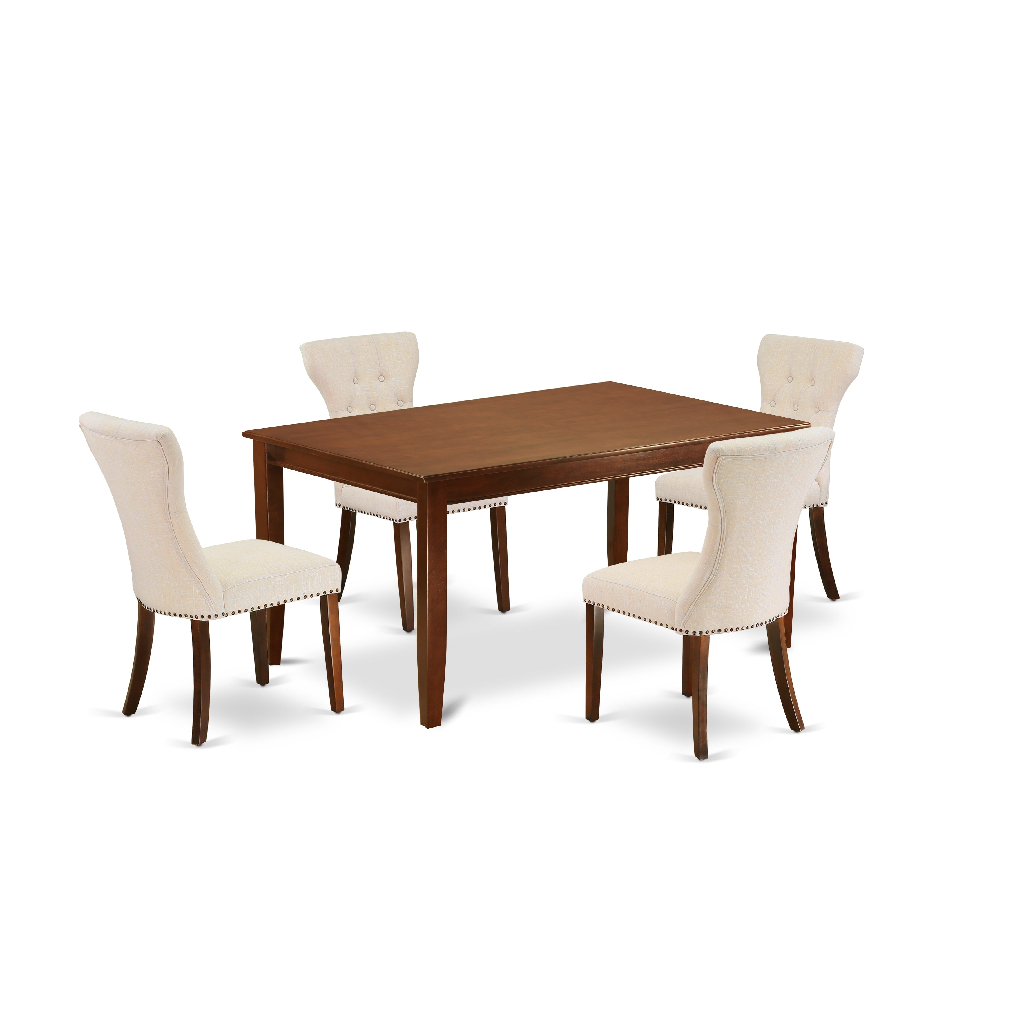 Juego de mesa de comedor de 5 piezas East West Furniture DUGA5-MAH-32 para 4 personas. Incluye una mesa de cocina rectangular y 4 sillas de comedor Parson de tela de lino beige claro.