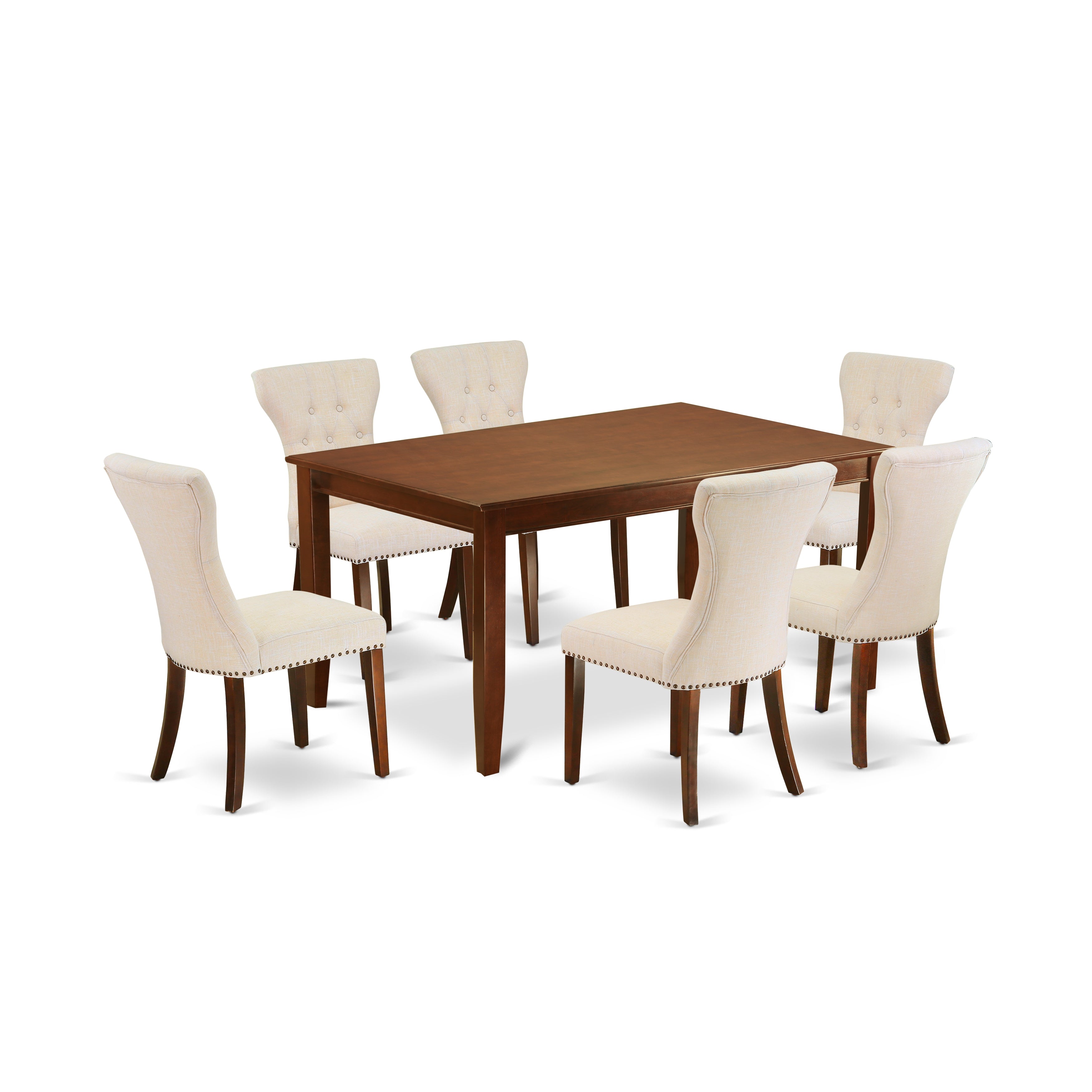 Juego de mesa de comedor East West Furniture DUGA7-MAH-32 de 7 piezas compuesto por una mesa de cocina rectangular y 6 sillas de comedor Parson de tela de lino beige claro.