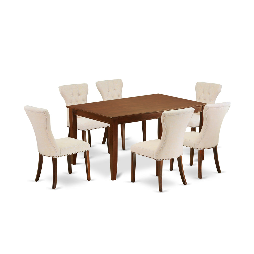 East West Furniture DUGA7-MAH-32 7 Piece Dining Room Table Set Consist of a Rectangle Kitchen Table and 6 Light Beige Linen Fabric Parson Dining Chairs