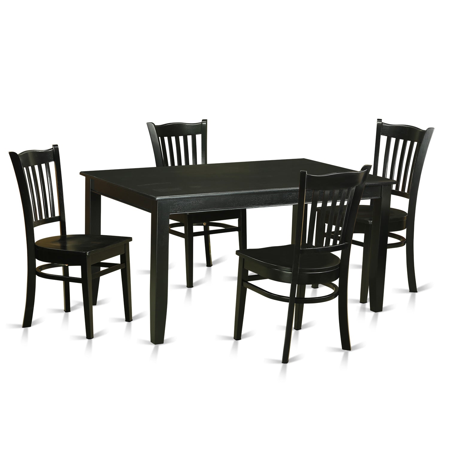 El juego de comedor de 5 piezas DUGR5-BLK-W de East West Furniture incluye una mesa rectangular de madera maciza y 4 sillas de cocina.