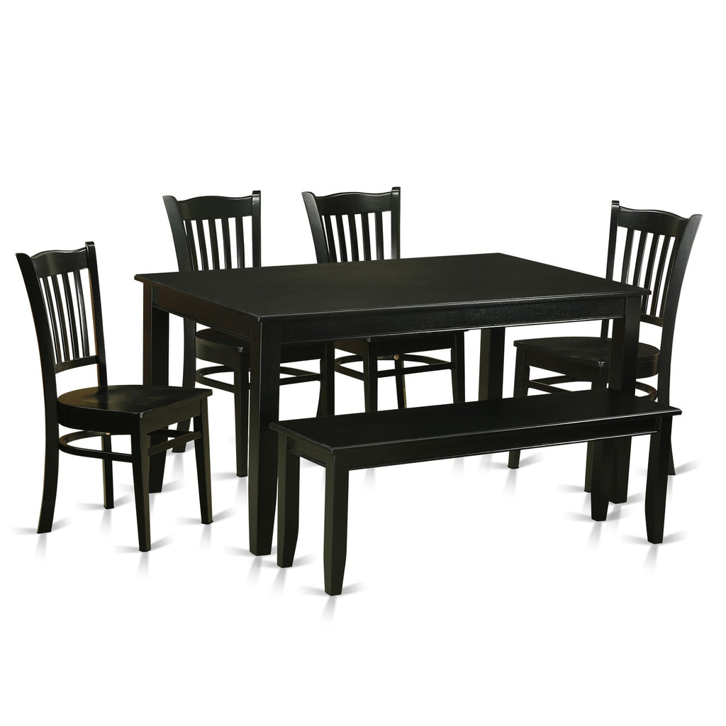 Juego de mesa de comedor de 6 piezas DUGR6-BLK-W de East West Furniture. Contiene una mesa de cocina rectangular y 4 sillas de comedor con un banco.