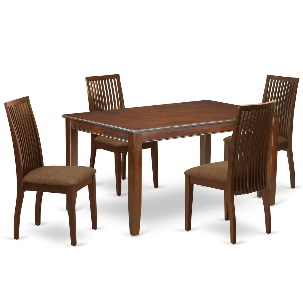 Juego de mesa de comedor de 5 piezas para 4 personas DUIP5-MAH-C de East West Furniture. Incluye una mesa de cocina rectangular y 4 sillas de comedor tapizadas en tela de lino.