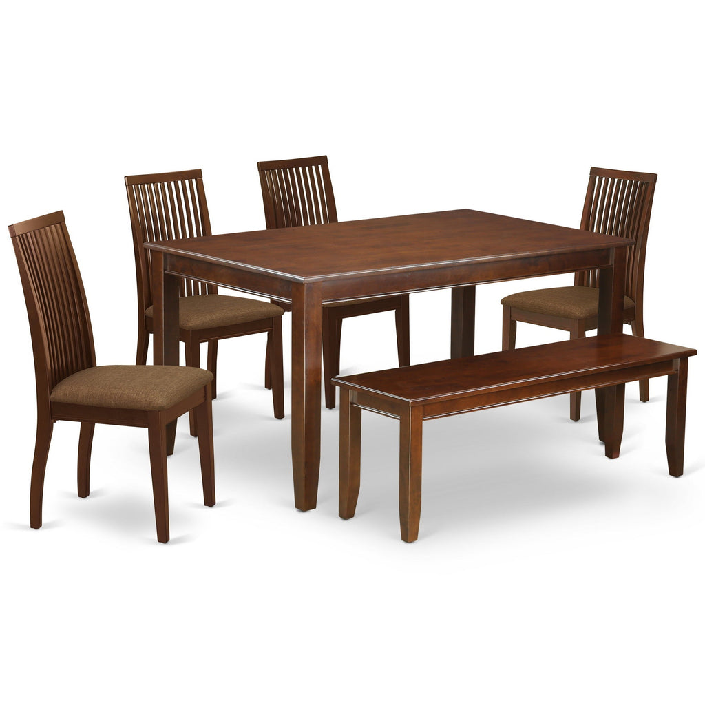 Juego de mesa de cocina de 6 piezas DUIP6-MAH-C de East West Furniture. Contiene una mesa de comedor rectangular y 4 sillas de comedor de tela de lino con un banco.