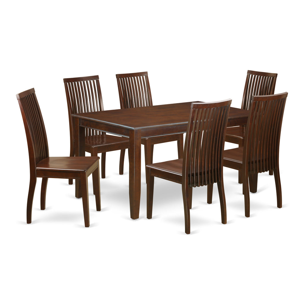 Juego de mesa y sillas de cocina de 7 piezas DUIP7-MAH-W de East West Furniture. Consta de una mesa de comedor rectangular y 6 sillas de comedor.