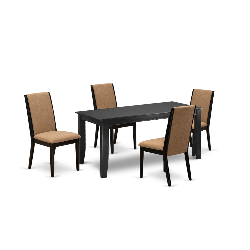 El juego de comedor de 5 piezas East West Furniture DULA5-BLK-47 incluye una mesa de comedor rectangular y 4 sillas Parsons de tela de lino color sable claro.