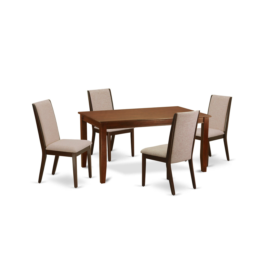 East West Furniture DULA5-MAH-04 5 Piece Dining Room Furniture Set Includes a Rectangle Dining Table and 4 Light Tan Linen Fabric Upholstered Parson Chairs