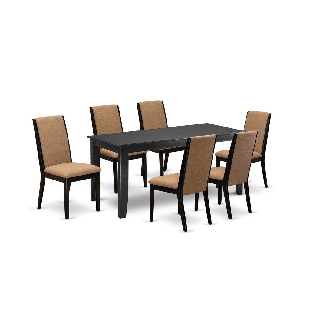 Juego de mesa y sillas de cocina East West Furniture DULA7-BLK-47 de 7 piezas compuesto por una mesa de comedor rectangular y 6 sillas tapizadas en tela de lino color sable claro.