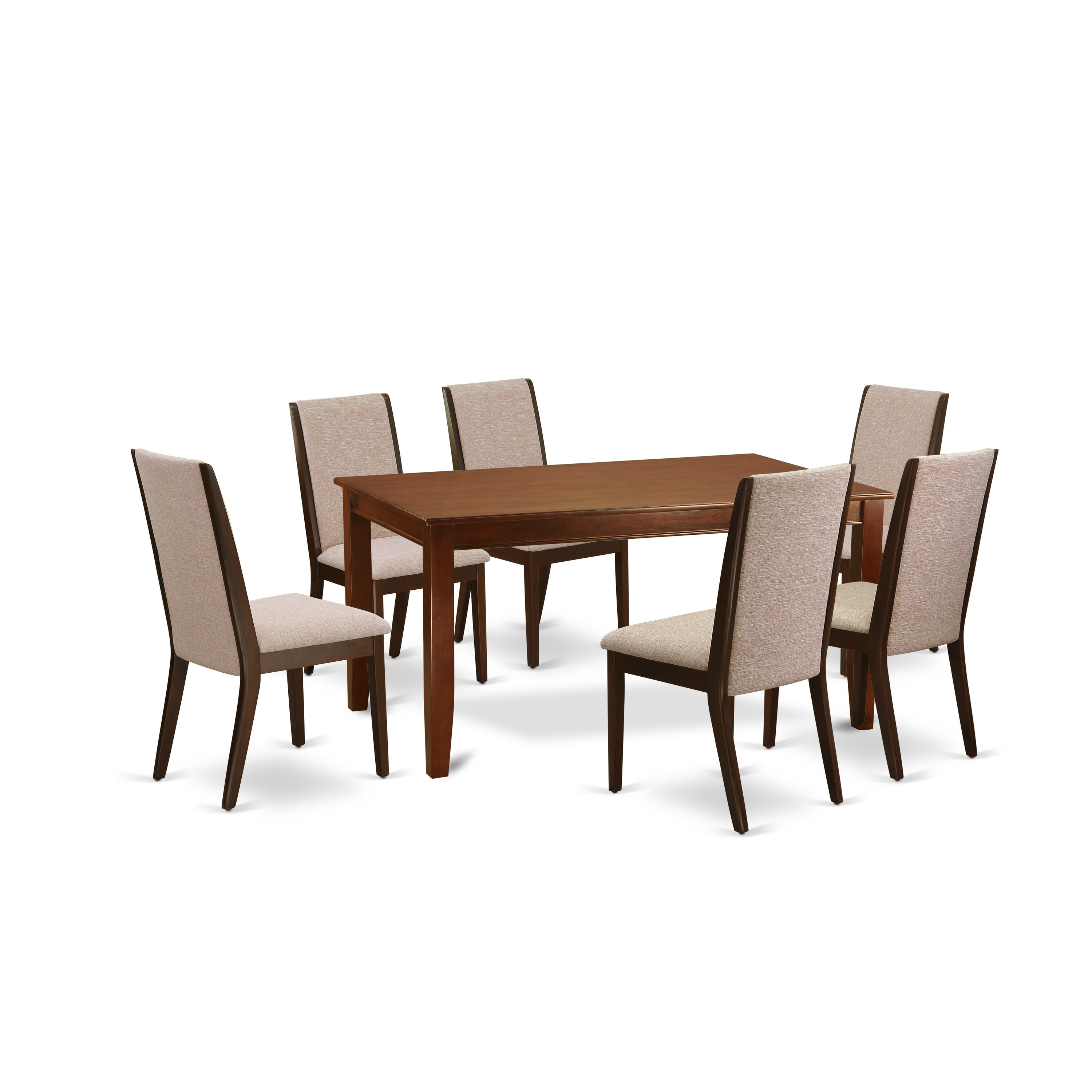 East West Furniture DULA7-MAH-04 7-Piece Dining Room Table Set-6 Parson Chairs and Rectangular Living Room Table Hardwood Frame -High Back & Mahogany Finish