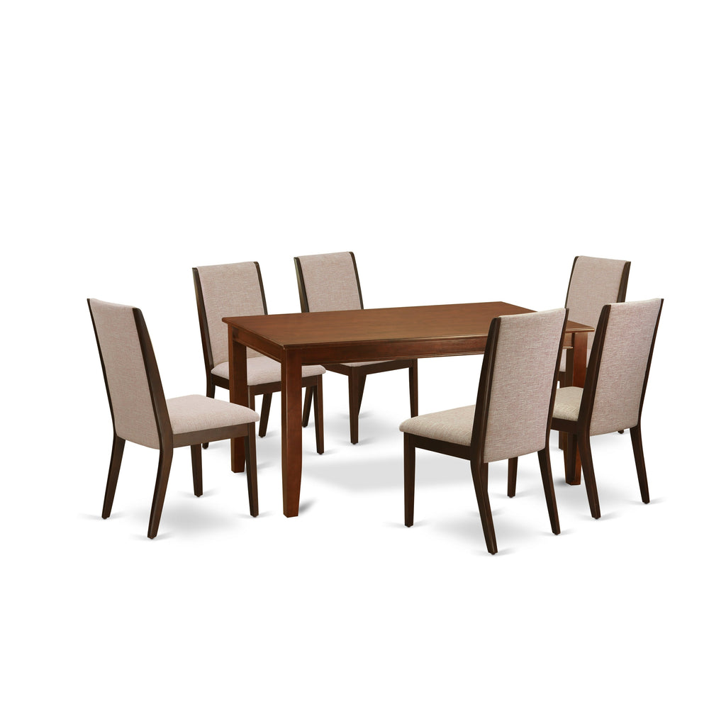 Juego de mesa de comedor East West Furniture DULA7-MAH-04 de 7 piezas compuesto por una mesa de cocina rectangular y 6 sillas de comedor Parson de tela de lino color tostado claro.