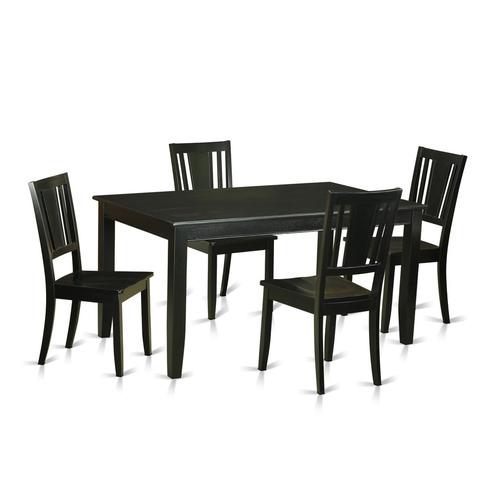 Juego de mesa y sillas de cocina de 5 piezas DULE5-BLK-W de East West Furniture. Incluye una mesa de comedor rectangular y 4 sillas de comedor.