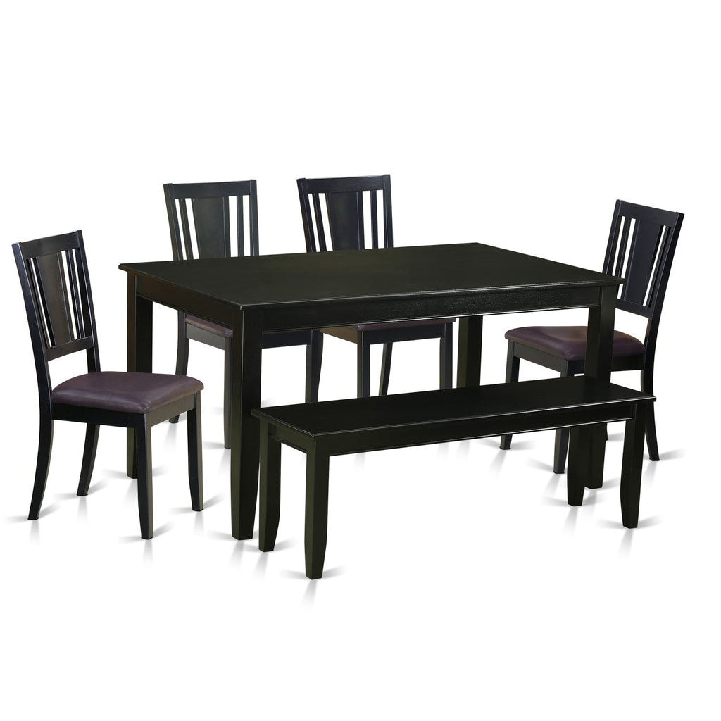 Juego de comedor de 6 piezas DULE6-BLK-LC de East West Furniture. Contiene una mesa de comedor rectangular y 4 sillas de cocina de cuero sintético con un banco.