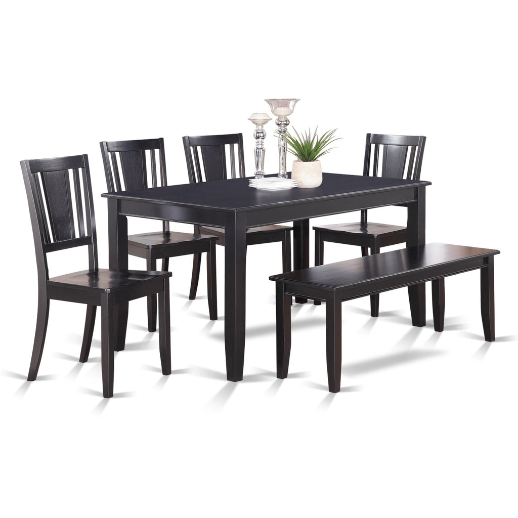 Juego de mesa de comedor de 6 piezas DULE6-BLK-W de East West Furniture. Contiene una mesa de comedor rectangular y 4 sillas de madera con un banco.