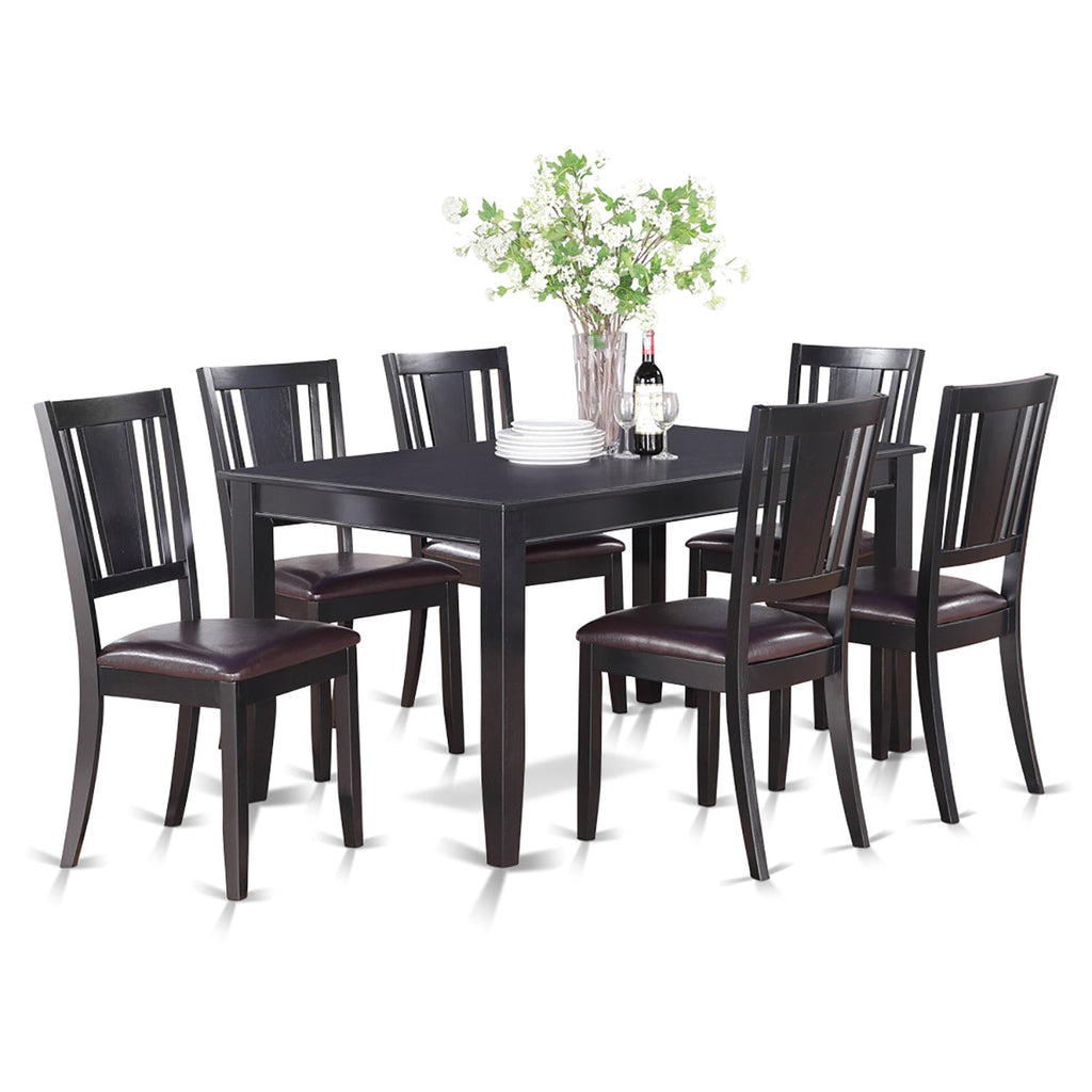 Juego de mesa de cocina de 7 piezas DULE7-BLK-LC de East West Furniture. Consta de una mesa de comedor rectangular y 6 sillas de comedor de piel sintética.