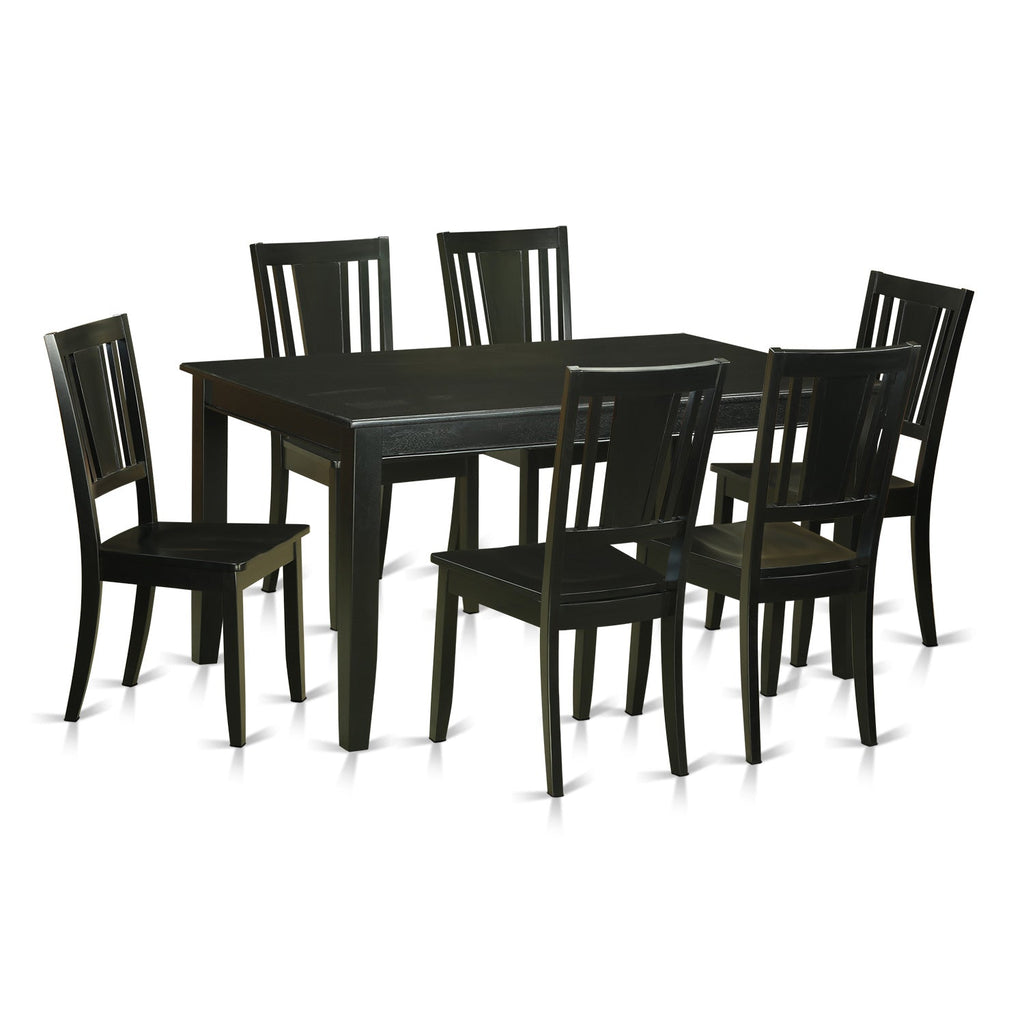 Juego de mesa de cocina de 7 piezas DULE7-BLK-W de East West Furniture que consta de una mesa de comedor rectangular y 6 sillas de comedor.