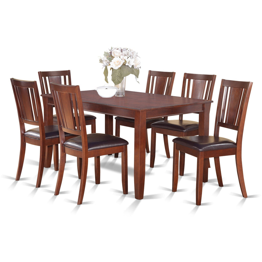 Juego de mesa y sillas de cocina de 7 piezas DULE7-MAH-LC de East West Furniture. Consta de una mesa de comedor rectangular y 6 sillas de comedor tapizadas en piel sintética.