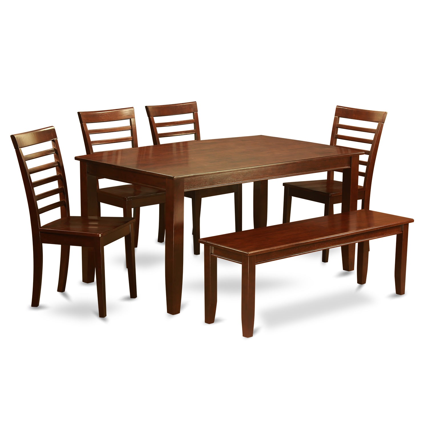 Juego de mesa y sillas de cocina de 6 piezas DUML6D-MAH-W de East West Furniture. Contiene una mesa de comedor rectangular y 4 sillas de comedor con un banco.