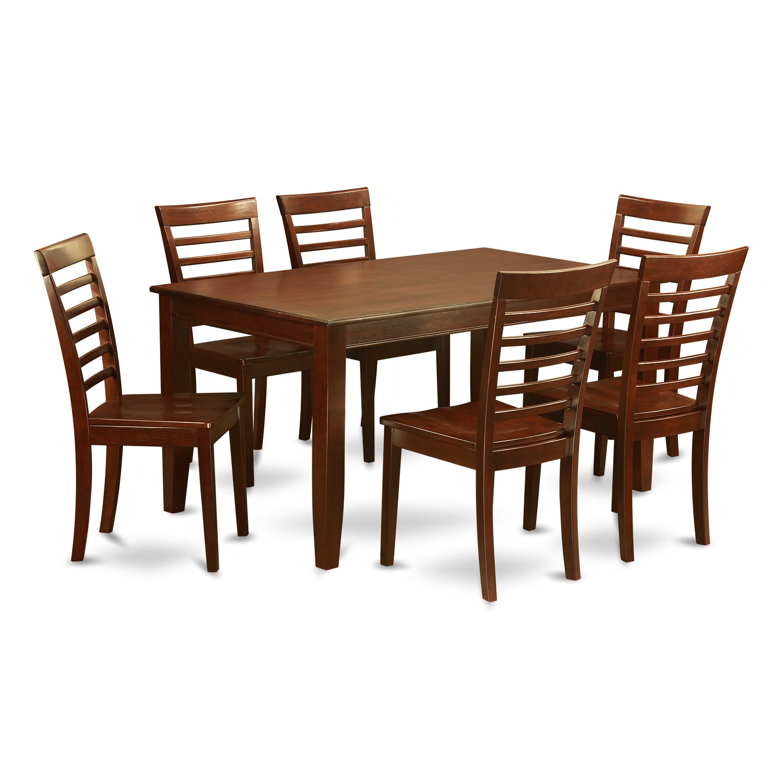 Juego de mesa de comedor moderna de 7 piezas East West Furniture DUML7-MAH-W compuesto por una mesa rectangular de madera y 6 sillas de comedor.