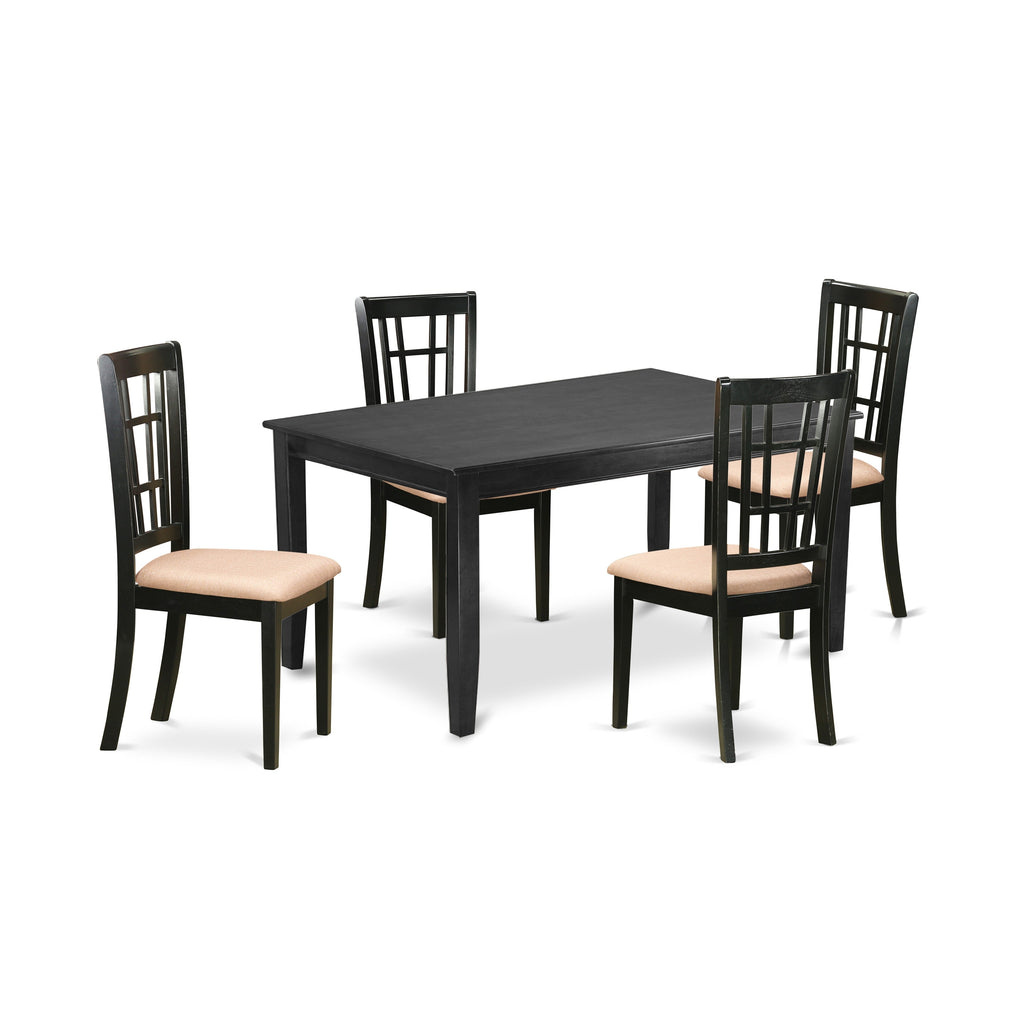 East West Furniture DUNI5-BLK-C 5 Piece Kitchen Table & Chairs Set Includes a Rectangle Dining Table and 4 Linen Fabric Dining Room Chairs