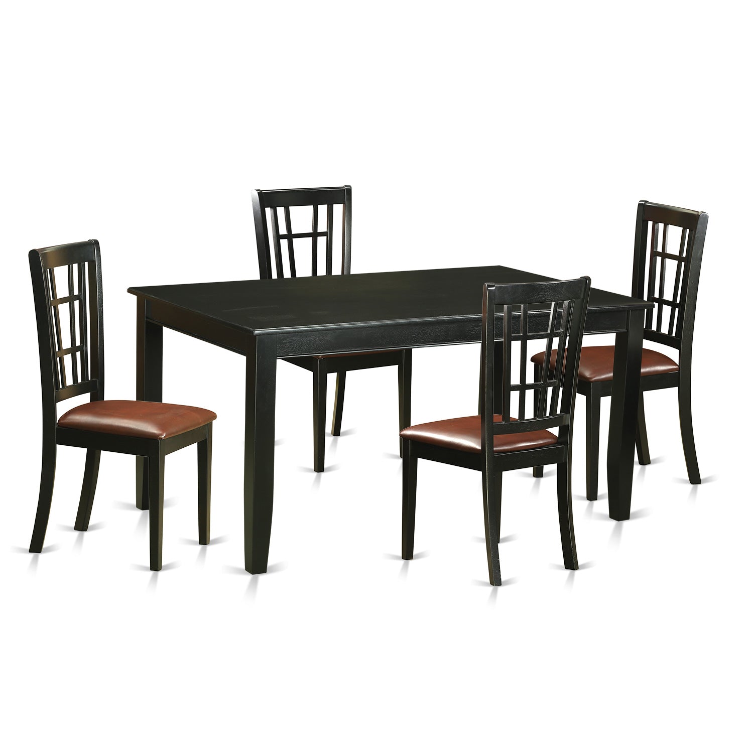 Juego de comedor de 5 piezas para 4 personas DUNI5-BLK-LC de East West Furniture. Incluye una mesa de comedor rectangular y 4 sillas de comedor tapizadas en piel sintética.