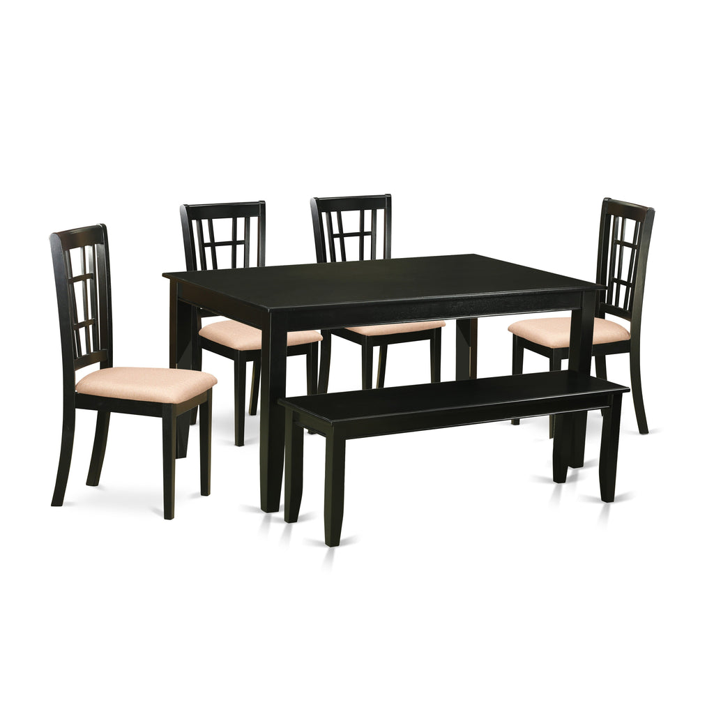 East West Furniture DUNI6-BLK-C 6 Piece Dining Table Set Contains a Rectangle Wooden Table and 4 Linen Fabric Dining Room Chairs with a Bench
