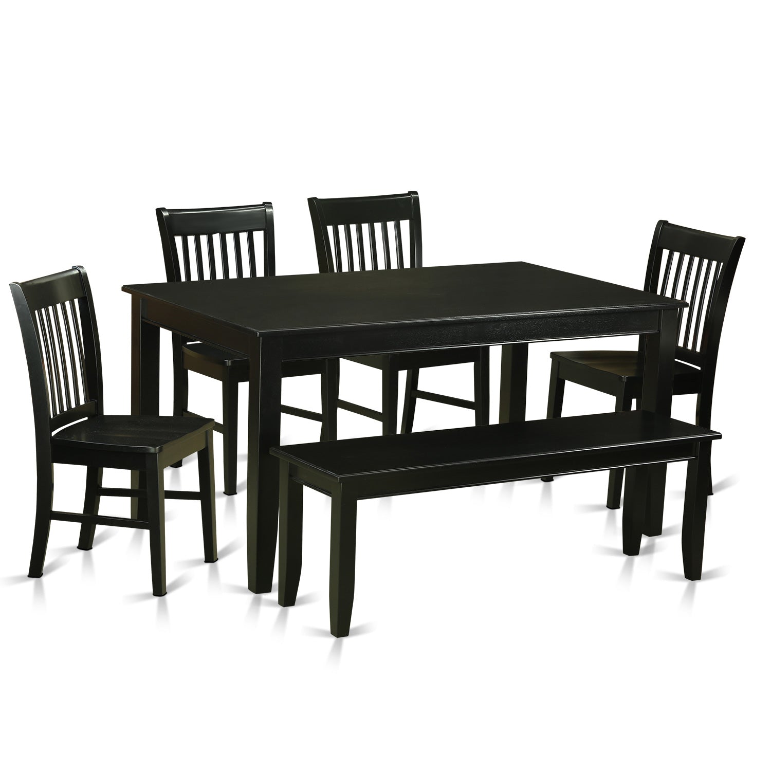 Juego de mesa y sillas de cocina de 6 piezas DUNO6-BLK-W de East West Furniture. Contiene una mesa de comedor rectangular y 4 sillas de comedor con un banco.