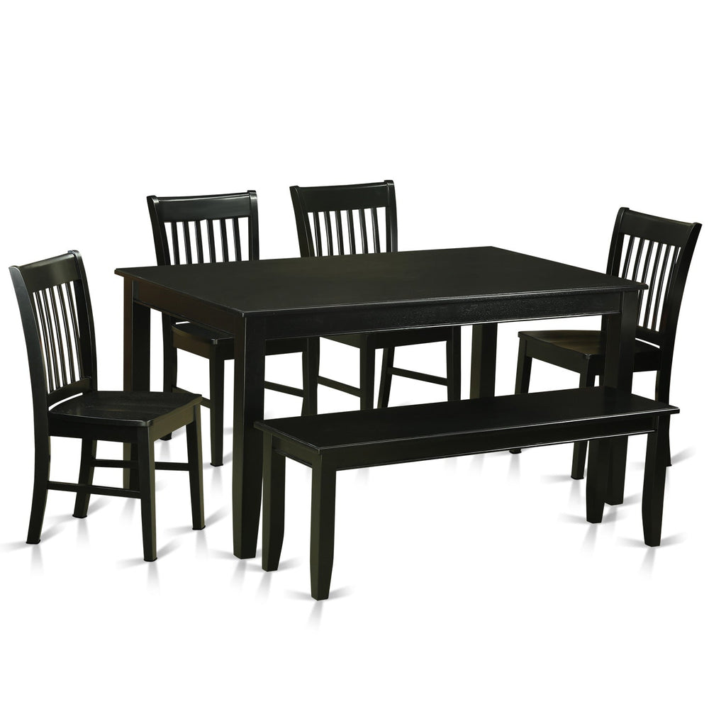 East West Furniture DUNO6-BLK-W 6 Piece Kitchen Table & Chairs Set Contains a Rectangle Dining Table and 4 Dining Room Chairs with a Bench