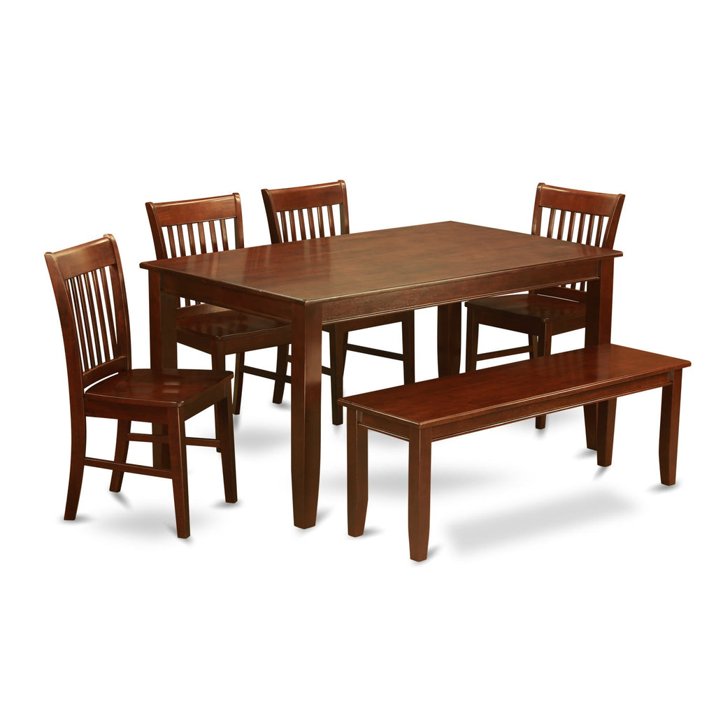 East West Furniture DUNO6D-MAH-W 6 Piece Dining Room Table Set Contains a Rectangle Kitchen Table and 4 Dining Chairs with a Bench